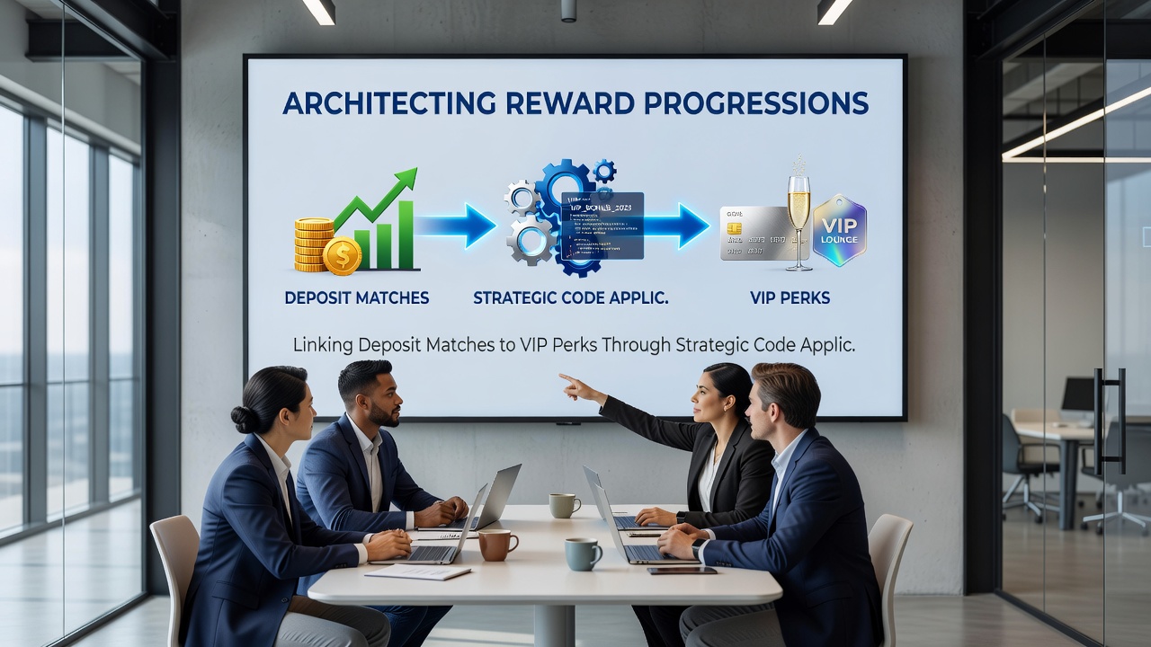 Diagram illustrating reward progression from deposit matches to VIP perks via promo codes