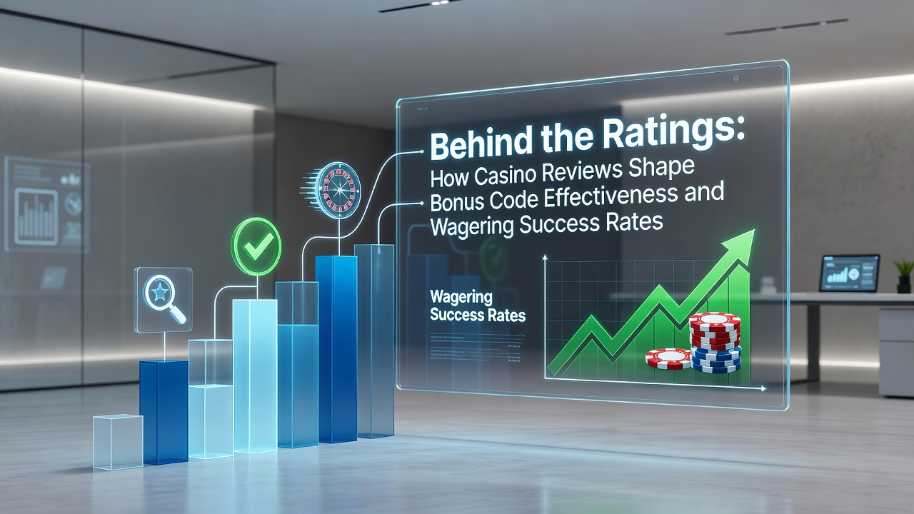 Casino review dashboard showing rating metrics and bonus code analysis charts