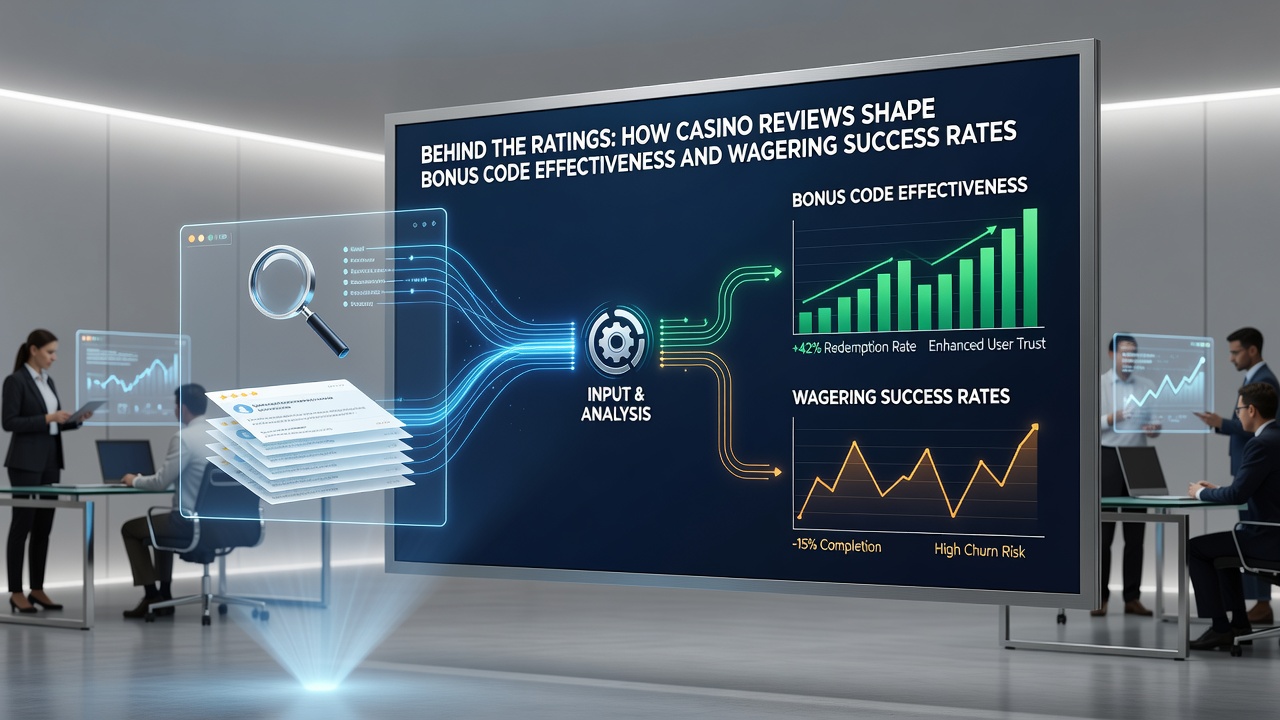 Infographic displaying wagering success statistics linked to casino review scores