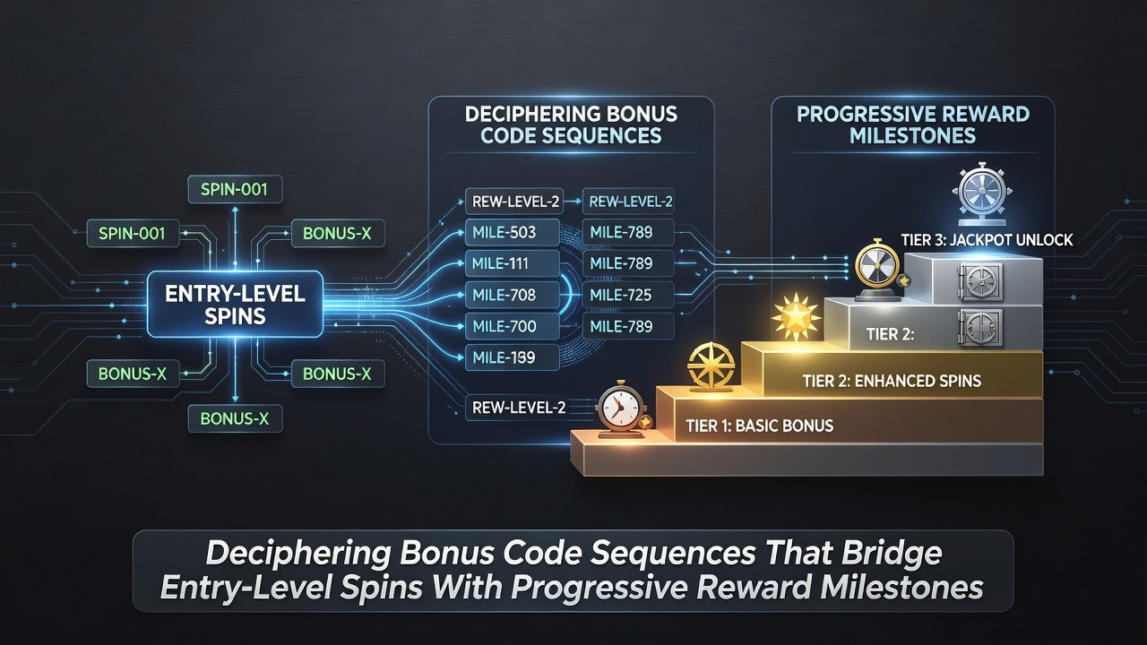 Infographic showing progression from entry spins to VIP milestones via bonus codes in a mobile casino app