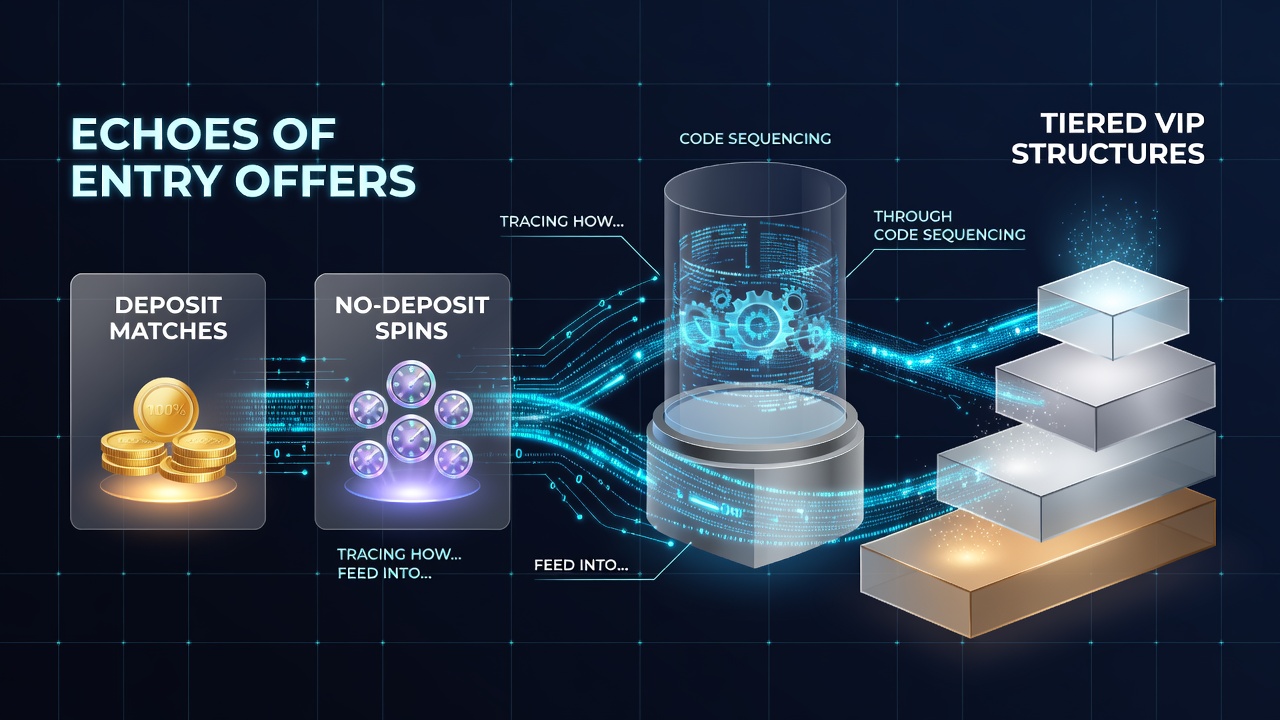 Diagram showing progression from no-deposit spins and deposit matches to VIP tier access via promo codes