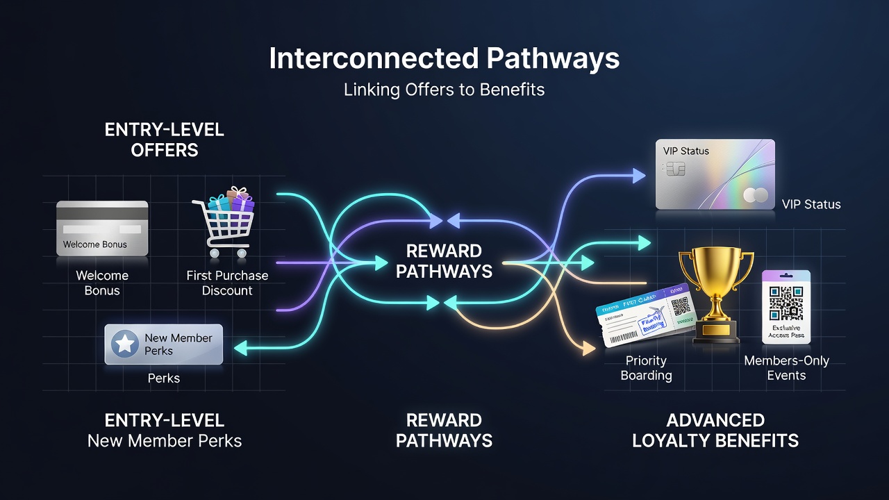 Flowchart illustration of reward progression from welcome bonuses through loyalty tiers in digital betting environments