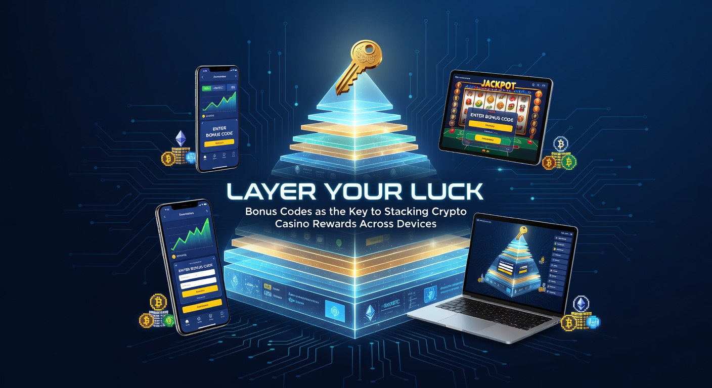 Smartphone and laptop displaying crypto casino interfaces with bonus code activations syncing rewards across screens