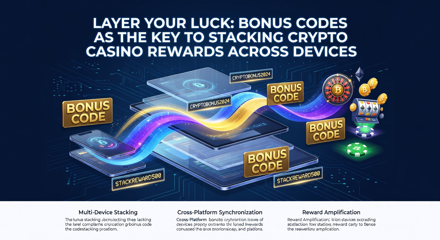 Infographic showing bonus code stacking flowchart across desktop, tablet, and mobile devices in a crypto casino environment