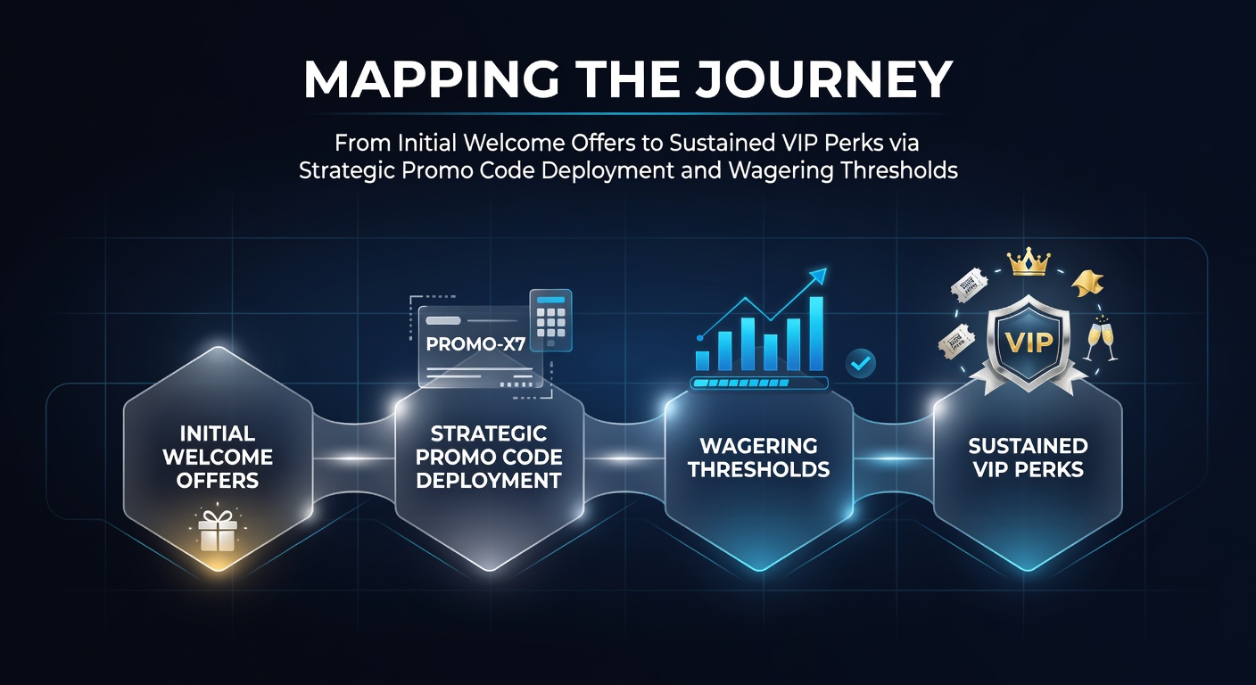 Illustration showing progression from welcome bonuses to VIP status in online casinos with promo codes and wagering paths