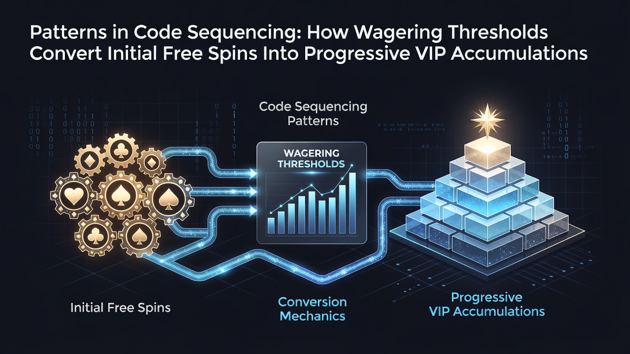 Diagram illustrating code sequencing patterns that link initial free spins through wagering thresholds to progressive VIP point accumulations in digital casino platforms