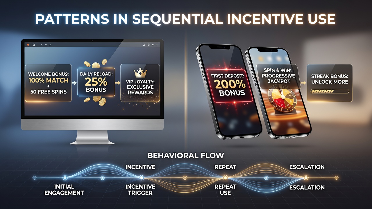 Visual representation of mobile and desktop casino interfaces showing sequential bonus flows and user navigation patterns