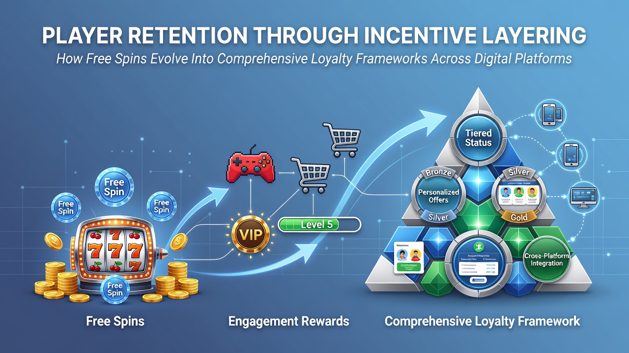 Digital gaming interface showing layered incentive progression from free spins to loyalty tiers