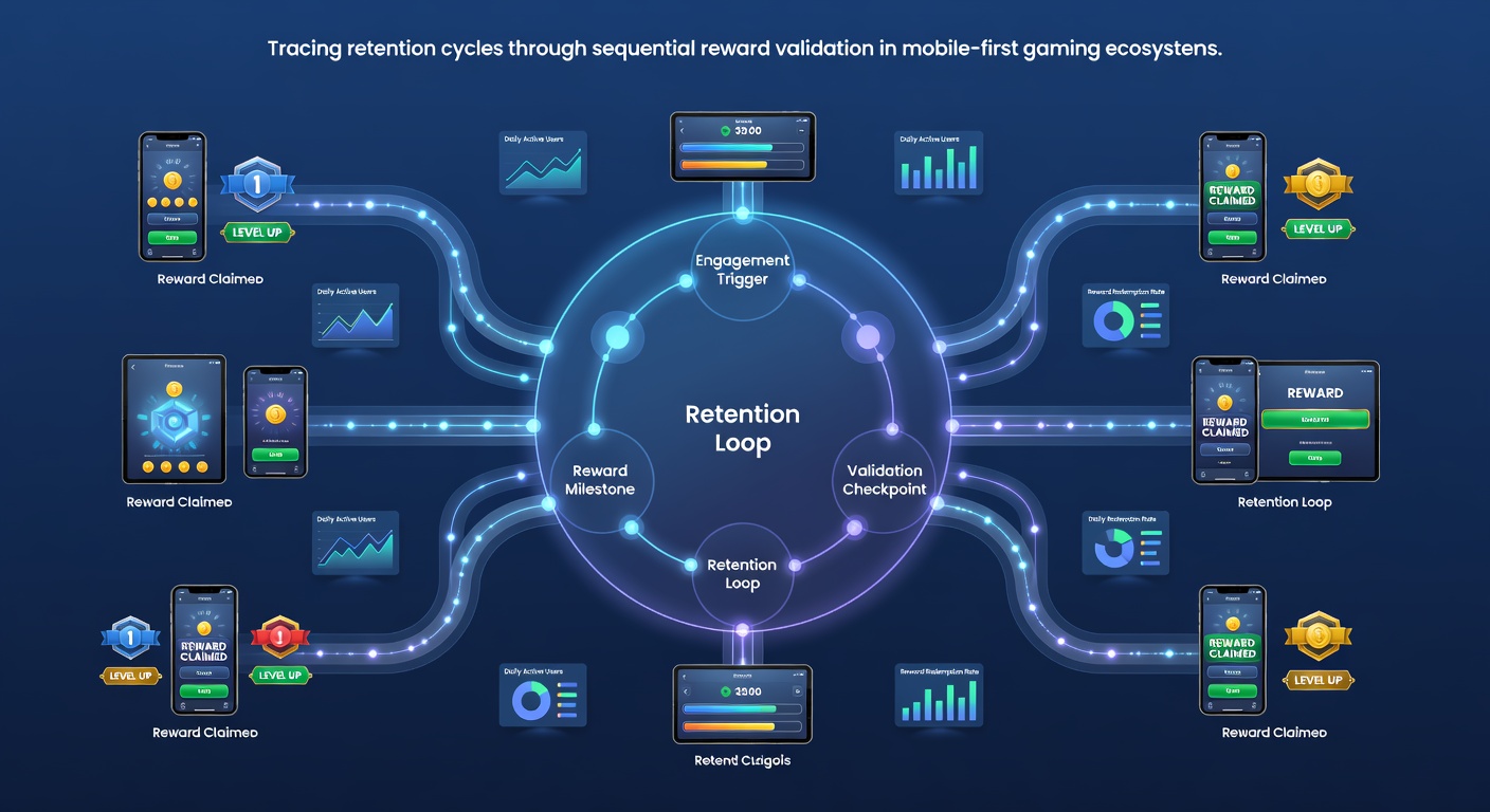 Data visualization of retention cycles linked to reward validation sequences in mobile games