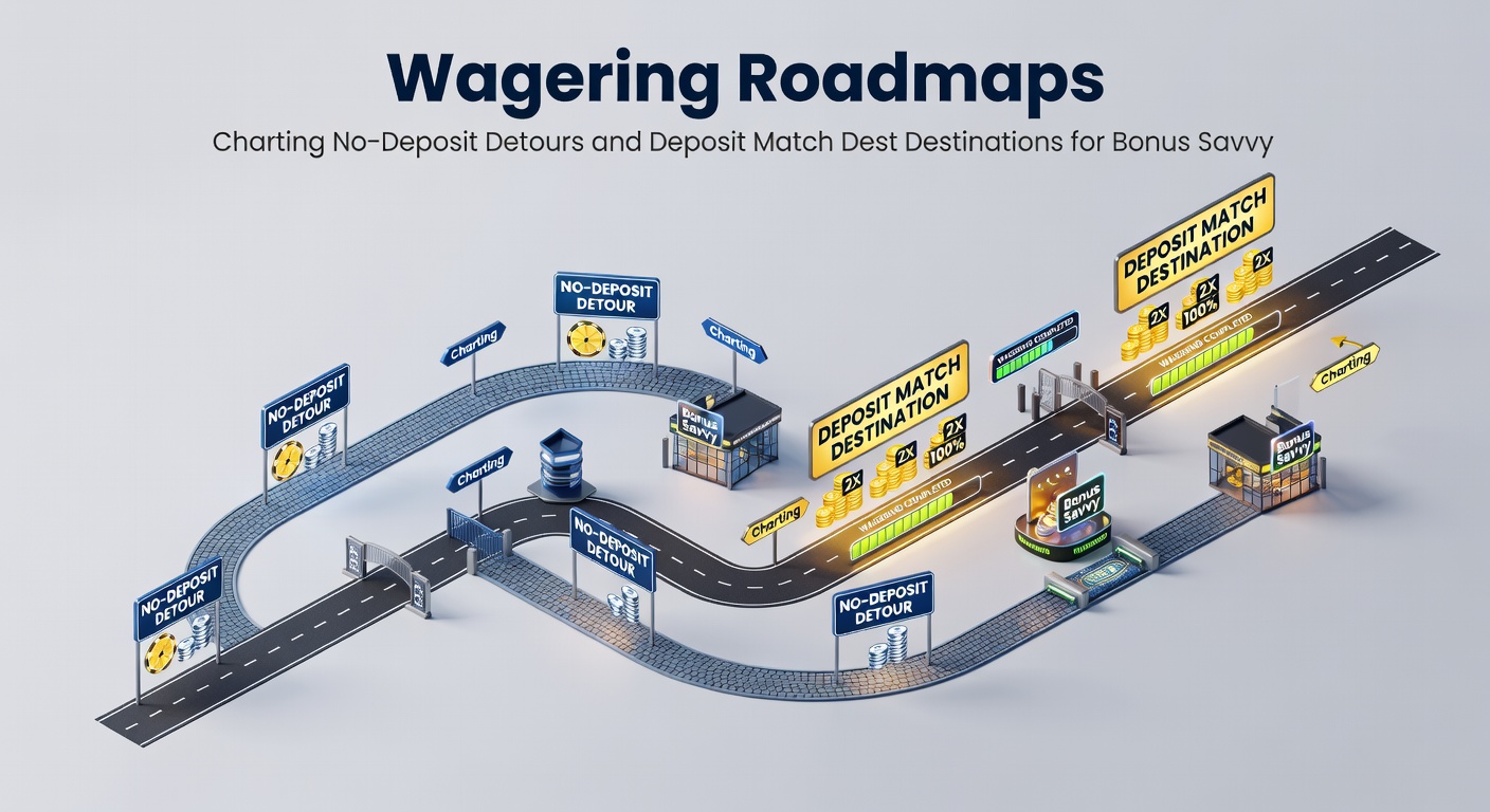 A detailed roadmap illustration showing winding paths through casino bonus landscapes, with markers for no-deposit starts and deposit match milestones